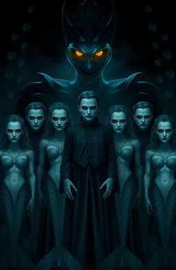 Seven vampires standing together with blurred faces, creating an eerie and unsettling effect
