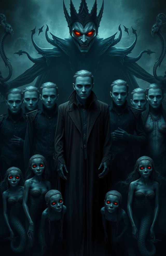 Seven vampires standing together with blurred faces, creating an eerie and unsettling effect