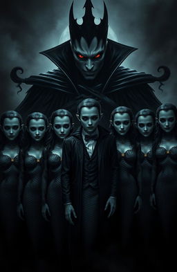 Seven vampires standing together with blurred faces, creating an eerie and unsettling effect