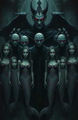 Seven vampires standing together with blurred faces, creating an eerie and unsettling effect