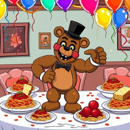 A fun and whimsical scene featuring Freddy Fazbear, the iconic animatronic bear from the Five Nights at Freddy's series, hitting the Griddy dance on a spaghetti night theme