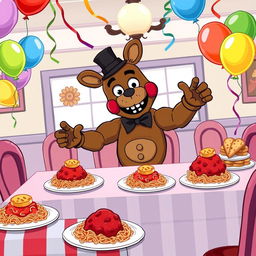 A fun and whimsical scene featuring Freddy Fazbear, the iconic animatronic bear from the Five Nights at Freddy's series, hitting the Griddy dance on a spaghetti night theme