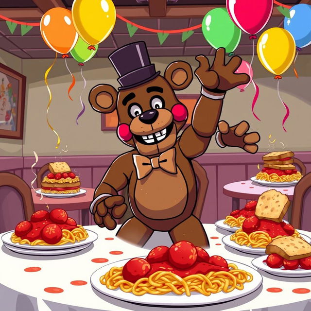 A fun and whimsical scene featuring Freddy Fazbear, the iconic animatronic bear from the Five Nights at Freddy's series, hitting the Griddy dance on a spaghetti night theme