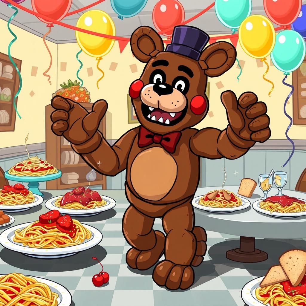 A fun and whimsical scene featuring Freddy Fazbear, the iconic animatronic bear from the Five Nights at Freddy's series, hitting the Griddy dance on a spaghetti night theme