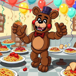 A fun and whimsical scene featuring Freddy Fazbear, the iconic animatronic bear from the Five Nights at Freddy's series, hitting the Griddy dance on a spaghetti night theme