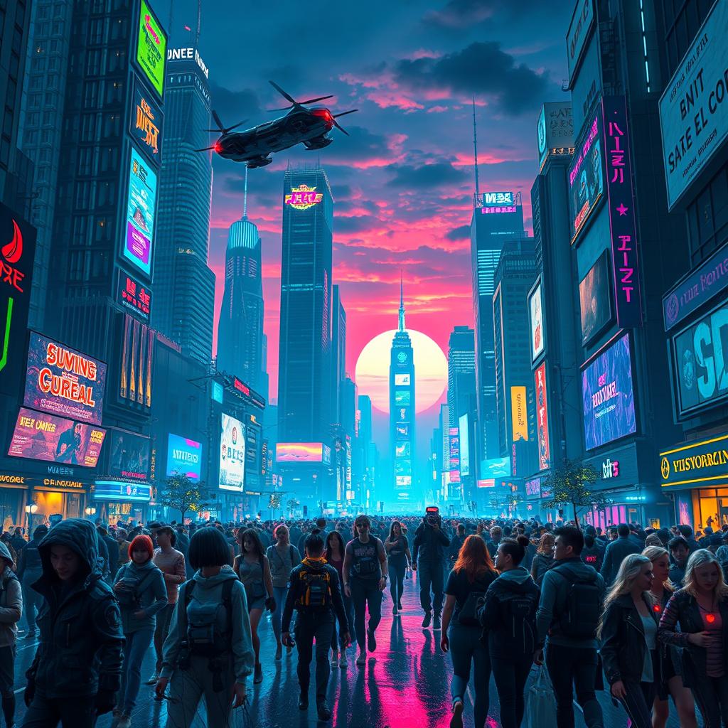 A futuristic cyberpunk city skyline at night, filled with towering skyscrapers adorned with neon lights and holographic advertisements