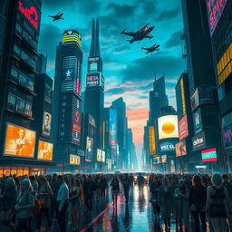 A futuristic cyberpunk city skyline at night, filled with towering skyscrapers adorned with neon lights and holographic advertisements