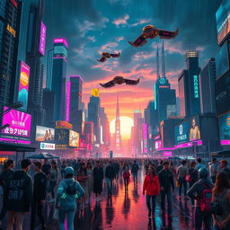 A futuristic cyberpunk city skyline at night, filled with towering skyscrapers adorned with neon lights and holographic advertisements