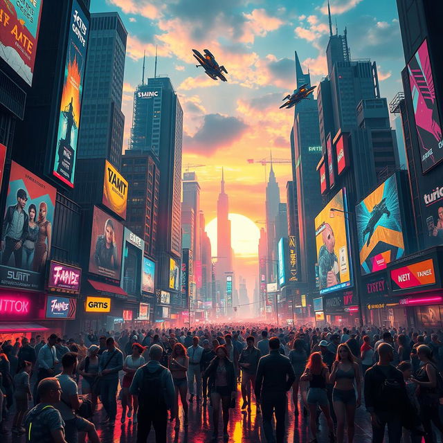 A futuristic cyberpunk city skyline at night, filled with towering skyscrapers adorned with neon lights and holographic advertisements