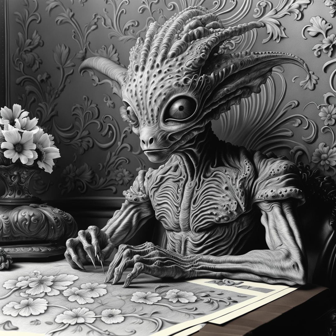 Graphite pencil drawing of an intelligent, vibrantly coloured alien in a Rococo setting with a flower aesthetic. The image is a close-up, high-definition shot with a fantasy aesthetic and insane details.