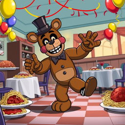 A whimsical and humorous scene featuring Freddy Fazbear, the iconic animatronic bear from the Five Nights at Freddy's series, hitting the Griddy dance in a spaghetti night setting, but with a twist – he is missing his right leg