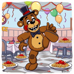 A whimsical and humorous scene featuring Freddy Fazbear, the iconic animatronic bear from the Five Nights at Freddy's series, hitting the Griddy dance in a spaghetti night setting, but with a twist – he is missing his right leg