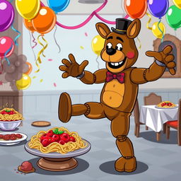 A whimsical and humorous scene featuring Freddy Fazbear, the iconic animatronic bear from the Five Nights at Freddy's series, hitting the Griddy dance in a spaghetti night setting, but with a twist – he is missing his right leg