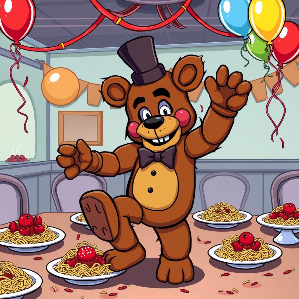 A whimsical and humorous scene featuring Freddy Fazbear, the iconic animatronic bear from the Five Nights at Freddy's series, hitting the Griddy dance in a spaghetti night setting, but with a twist – he is missing his right leg