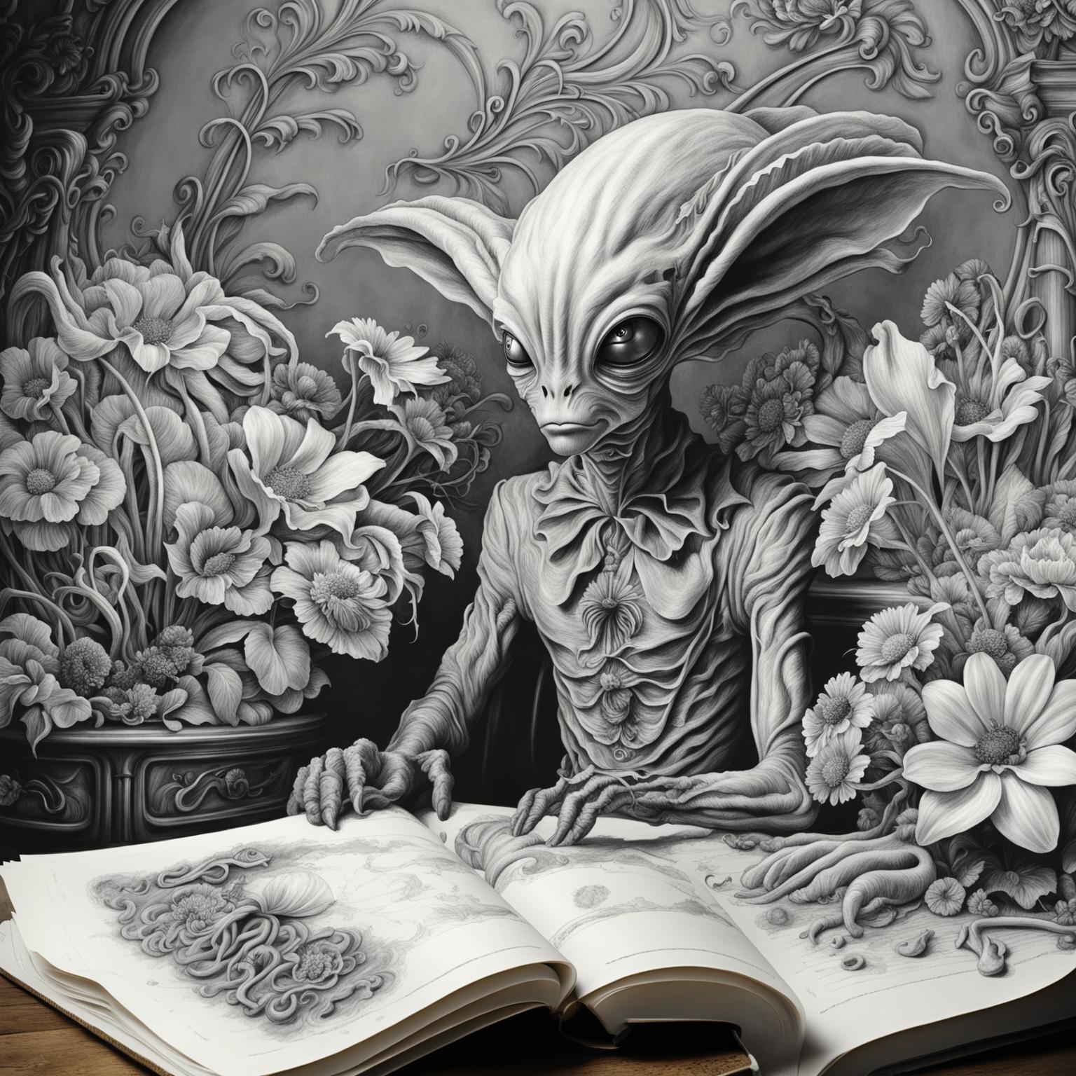Graphite pencil drawing of an intelligent alien in a Rococo setting with a flower aesthetic. The image is a close-up, high-definition shot with a fantasy aesthetic and insane details.