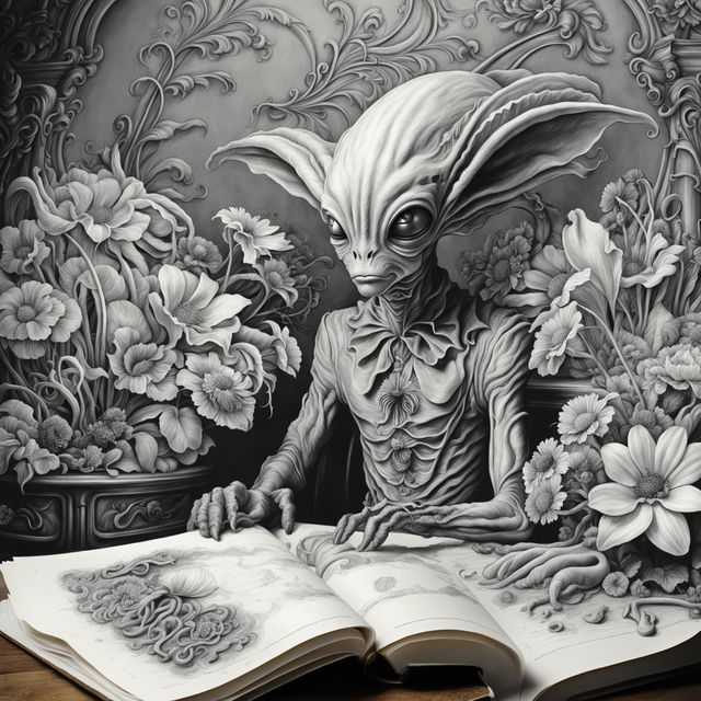 Graphite pencil drawing of an intelligent alien in a Rococo setting with a flower aesthetic. The image is a close-up, high-definition shot with a fantasy aesthetic and insane details.