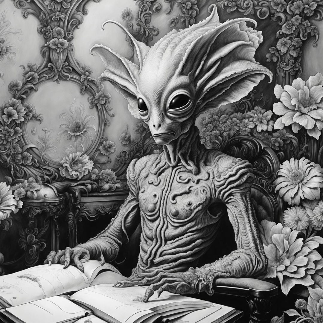 Black and white graphite pencil drawing of an intelligent alien in a Rococo setting with a flower aesthetic. The image is a close-up, high-definition shot with a fantasy aesthetic and insane details.