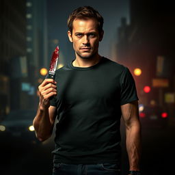 A dramatic portrait of Dexter Morgan, the renowned forensic expert and vigilante from the series 'Dexter