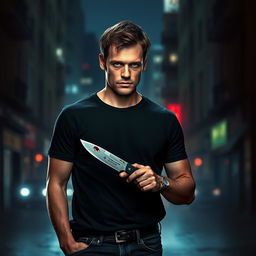 A dramatic portrait of Dexter Morgan, the renowned forensic expert and vigilante from the series 'Dexter