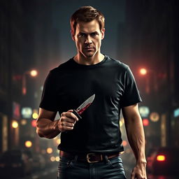 A dramatic portrait of Dexter Morgan, the renowned forensic expert and vigilante from the series 'Dexter