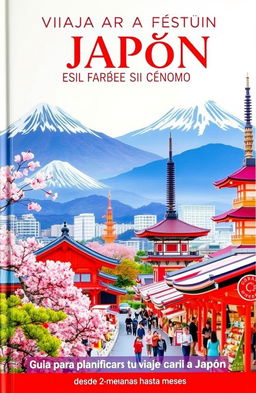 A detailed travel guidebook cover featuring vibrant and scenic elements of Japan