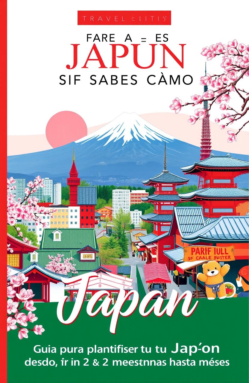 A detailed travel guidebook cover featuring vibrant and scenic elements of Japan