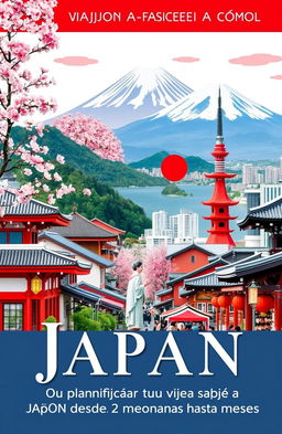A detailed travel guidebook cover featuring vibrant and scenic elements of Japan