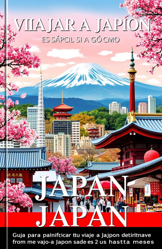 A detailed travel guidebook cover featuring vibrant and scenic elements of Japan