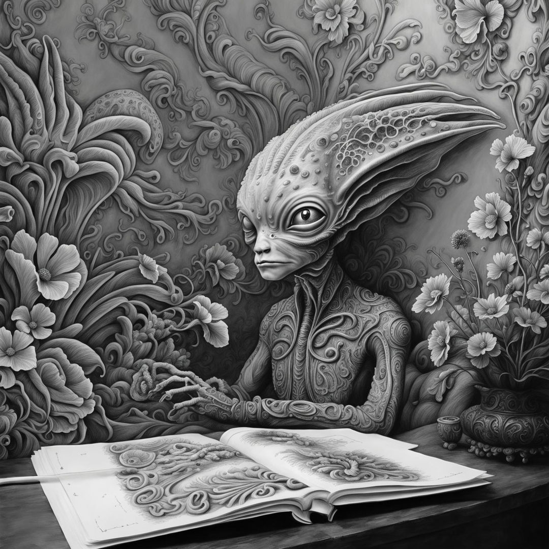 Black and white graphite pencil drawing of an intelligent alien in a Rococo setting with a flower aesthetic. The image is a close-up, high-definition shot with a fantasy aesthetic and insane details.