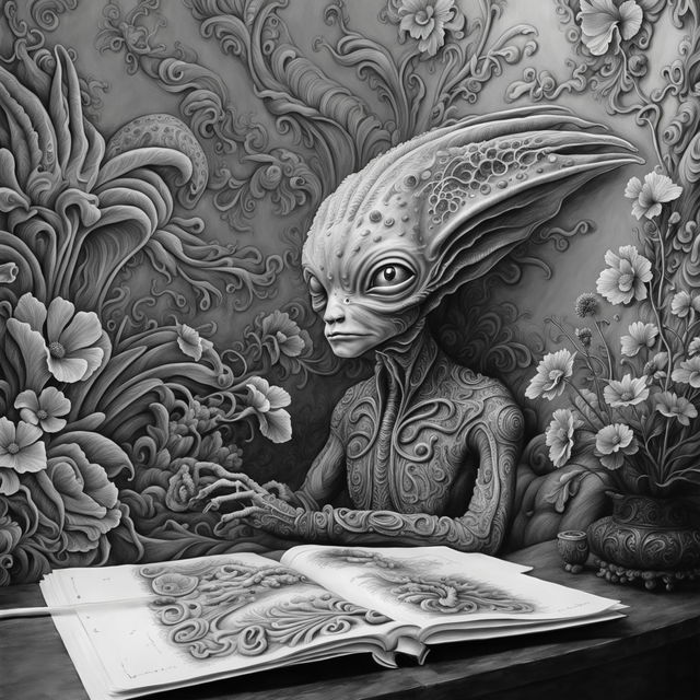 Black and white graphite pencil drawing of an intelligent alien in a Rococo setting with a flower aesthetic. The image is a close-up, high-definition shot with a fantasy aesthetic and insane details.