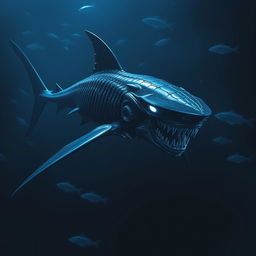 A terrifying xenomorph shark, a fusion of classic xenomorph alien features and a sleek, predatory shark body, with a dark, reflective exoskeleton, long slender fins, and sharp teeth that resemble the iconic xenomorph mouth