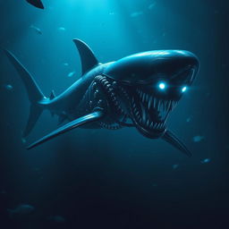 A terrifying xenomorph shark, a fusion of classic xenomorph alien features and a sleek, predatory shark body, with a dark, reflective exoskeleton, long slender fins, and sharp teeth that resemble the iconic xenomorph mouth