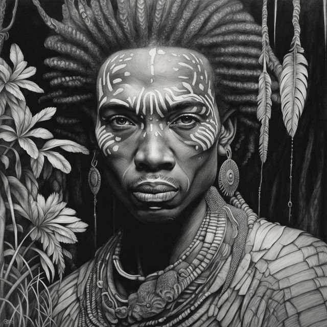 Graphite pencil drawing of a different androgynous African man in tribal attire in a mystical jungle, with insane details and in black and white.