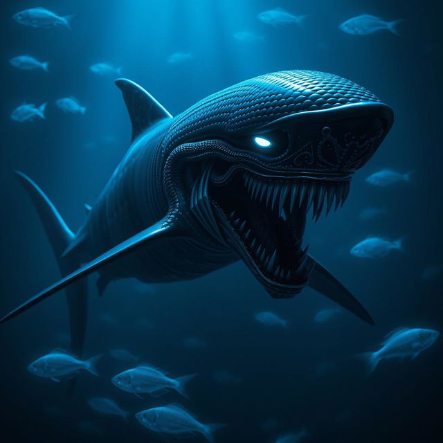 A terrifying xenomorph shark, a fusion of classic xenomorph alien features and a sleek, predatory shark body, with a dark, reflective exoskeleton, long slender fins, and sharp teeth that resemble the iconic xenomorph mouth