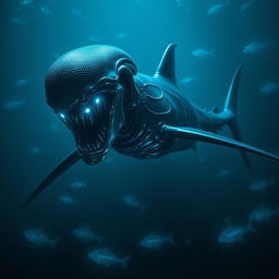 A terrifying xenomorph shark, a fusion of classic xenomorph alien features and a sleek, predatory shark body, with a dark, reflective exoskeleton, long slender fins, and sharp teeth that resemble the iconic xenomorph mouth