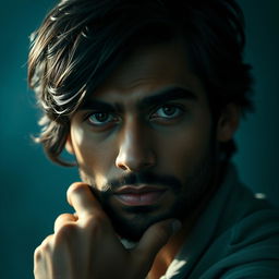 A stunning and expressive portrait of a man named Yahya Sinwasr, showcasing him in a thoughtful pose