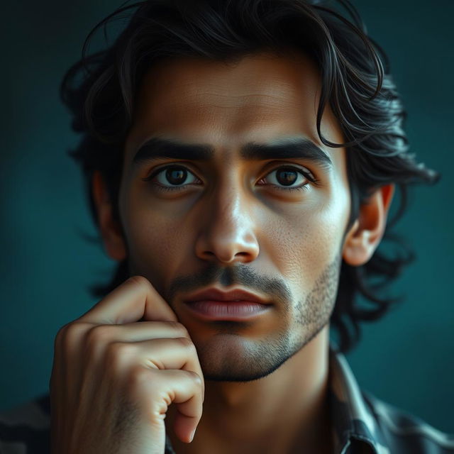 A stunning and expressive portrait of a man named Yahya Sinwasr, showcasing him in a thoughtful pose