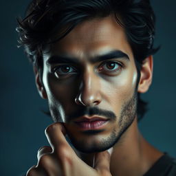 A stunning and expressive portrait of a man named Yahya Sinwasr, showcasing him in a thoughtful pose
