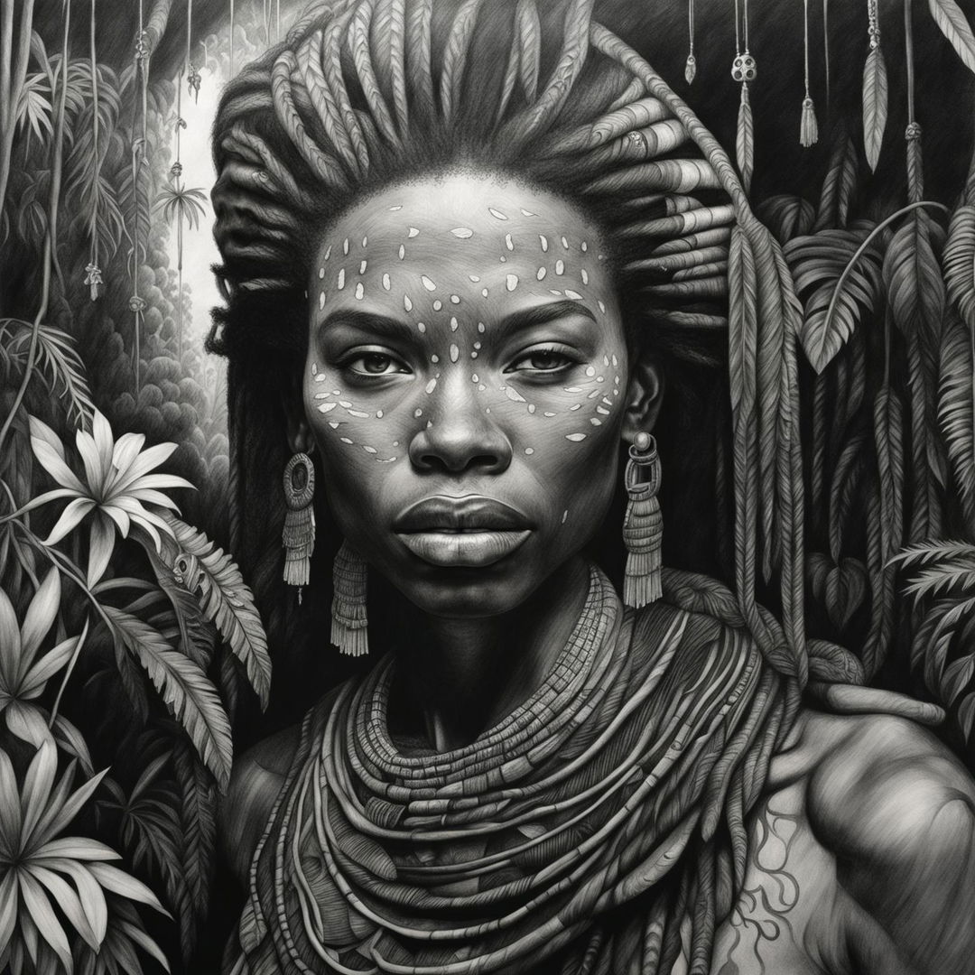 Graphite pencil drawing of a different androgynous African woman in tribal attire in a mystical jungle, with insane details and in black and white.