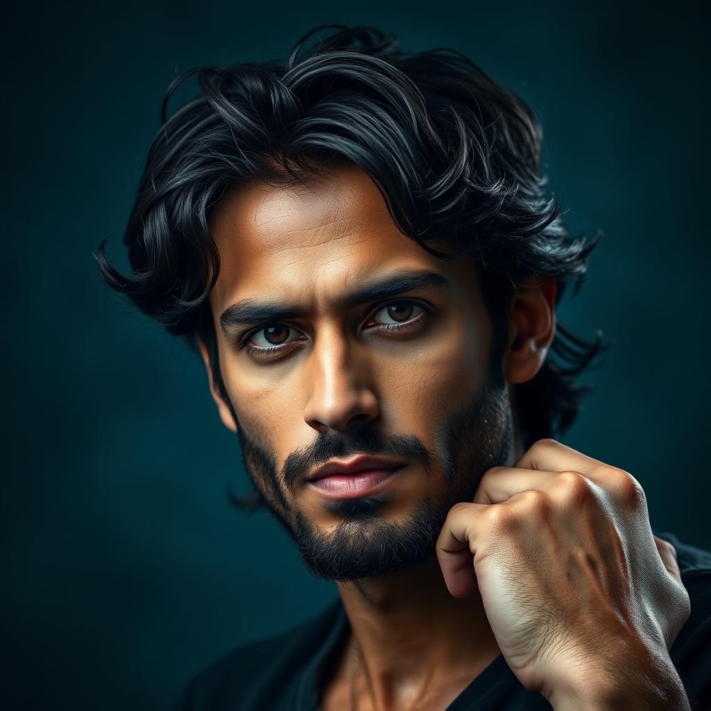 A stunning and expressive portrait of a man named Yahya Sinwasr, showcasing him in a thoughtful pose