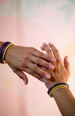 Two hands intertwined, artistically posed, with gentle shadows creating depth, decorated with colorful bangles and rings, against a softly blurred background of pastel colors, capturing a feeling of warmth and connection