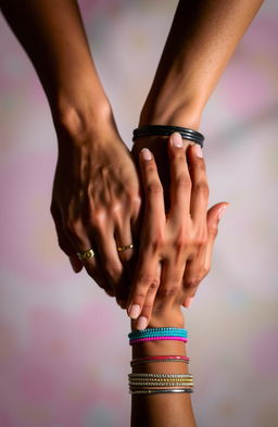 Two hands intertwined, artistically posed, with gentle shadows creating depth, decorated with colorful bangles and rings, against a softly blurred background of pastel colors, capturing a feeling of warmth and connection