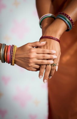 Two hands intertwined, artistically posed, with gentle shadows creating depth, decorated with colorful bangles and rings, against a softly blurred background of pastel colors, capturing a feeling of warmth and connection