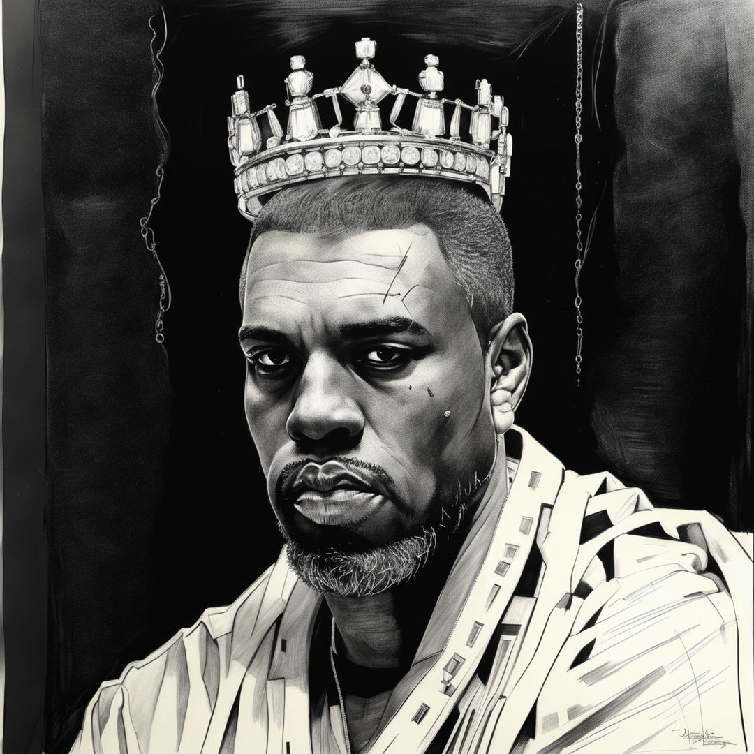 Detailed graphite pencil drawing of a more flattering Kanye West as a modern-day king in black and white: enhanced facial features, modern crown with implied diamond texture, high-fashion royal robe over designer suit, microphone scepter, background blending urban cityscape and grand throne room.