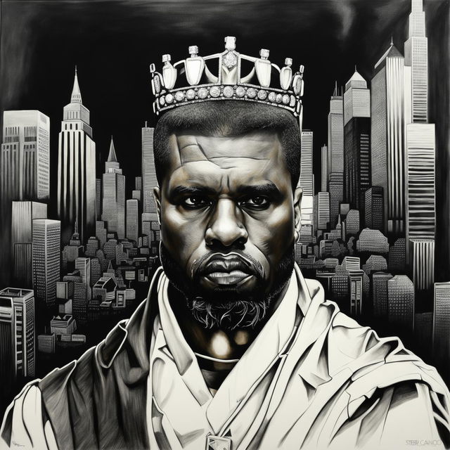 Highly detailed graphite pencil drawing of a more refined Kanye West as a modern-day king in black and white: enhanced and flattering facial features, modern crown with implied diamond texture, high-fashion royal robe over designer suit, microphone scepter, background blending urban cityscape and grand throne room.