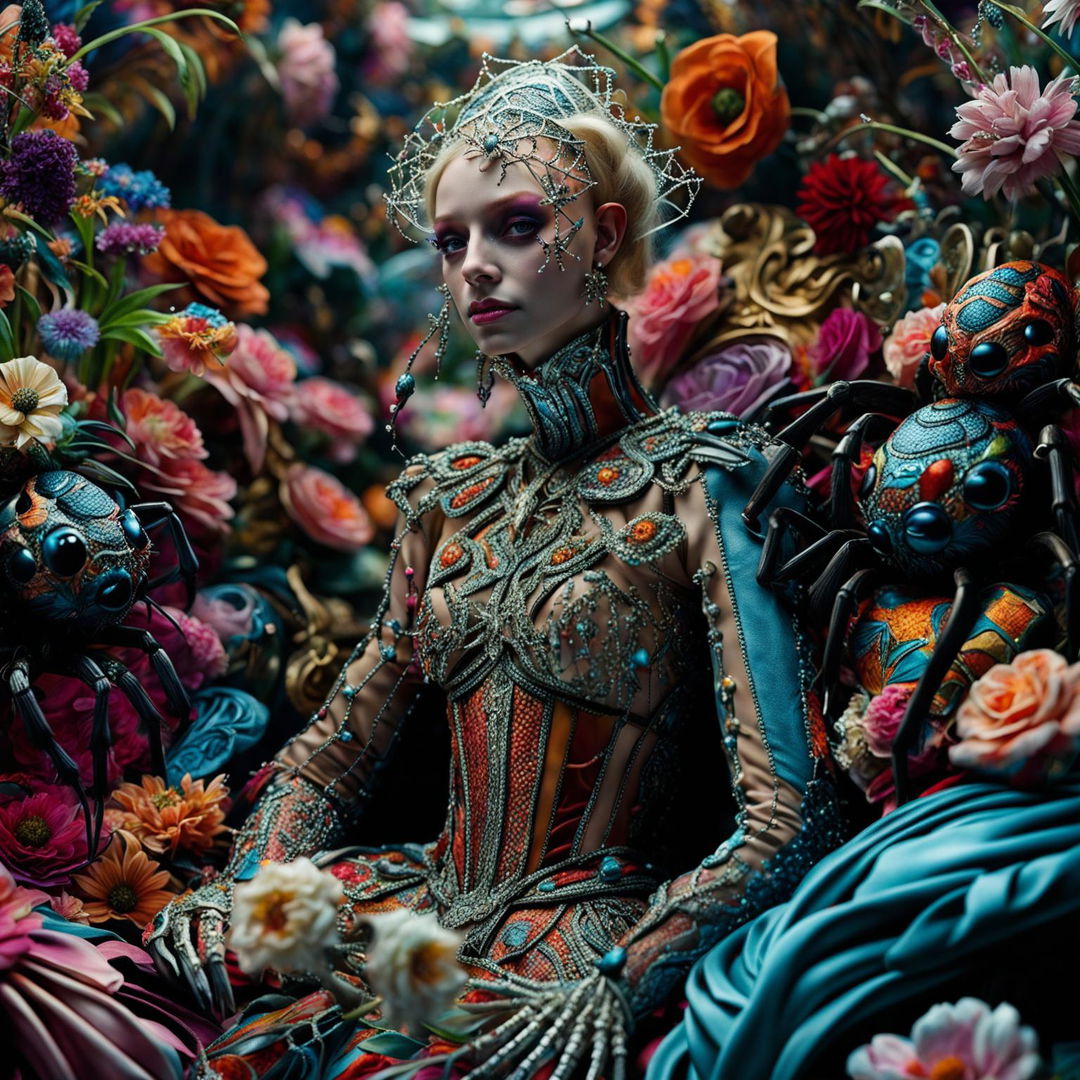 Hyper-realistic 3D rococo photograph of an androgynous spider woman with giant spider pets in a vibrant flower garden.