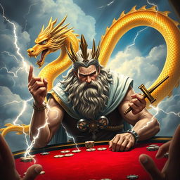 A dynamic scene depicting Zeus, the powerful Greek god, sitting at a poker table, wielding thunderbolts as his poker chips