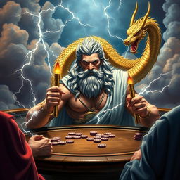 A dynamic scene depicting Zeus, the powerful Greek god, sitting at a poker table, wielding thunderbolts as his poker chips