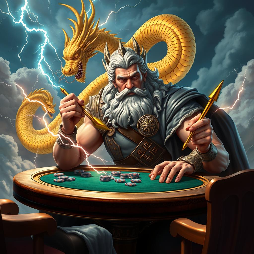 A dynamic scene depicting Zeus, the powerful Greek god, sitting at a poker table, wielding thunderbolts as his poker chips