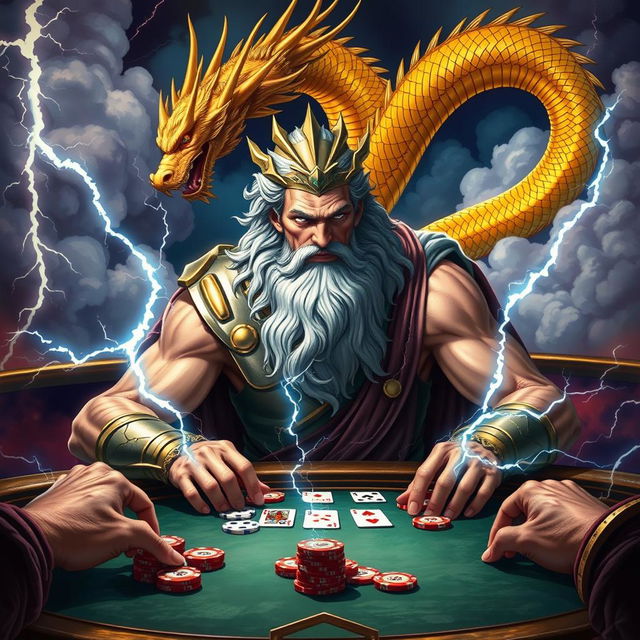 A dynamic scene depicting Zeus, the powerful Greek god, sitting at a poker table, wielding thunderbolts as his poker chips